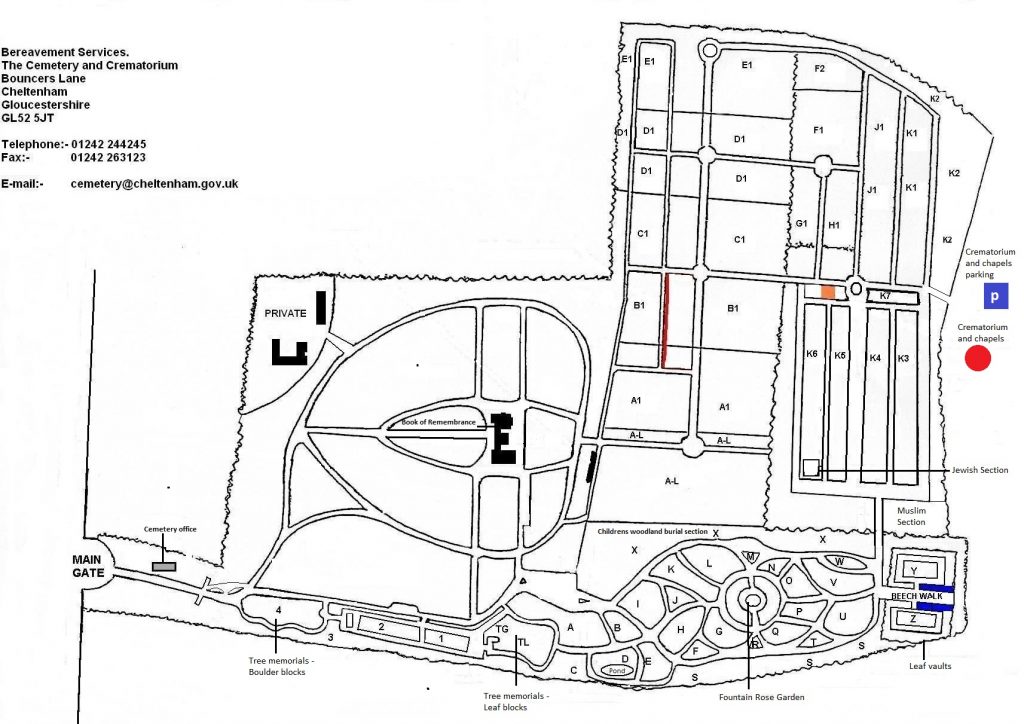 Cemetery site layout with section identifiers