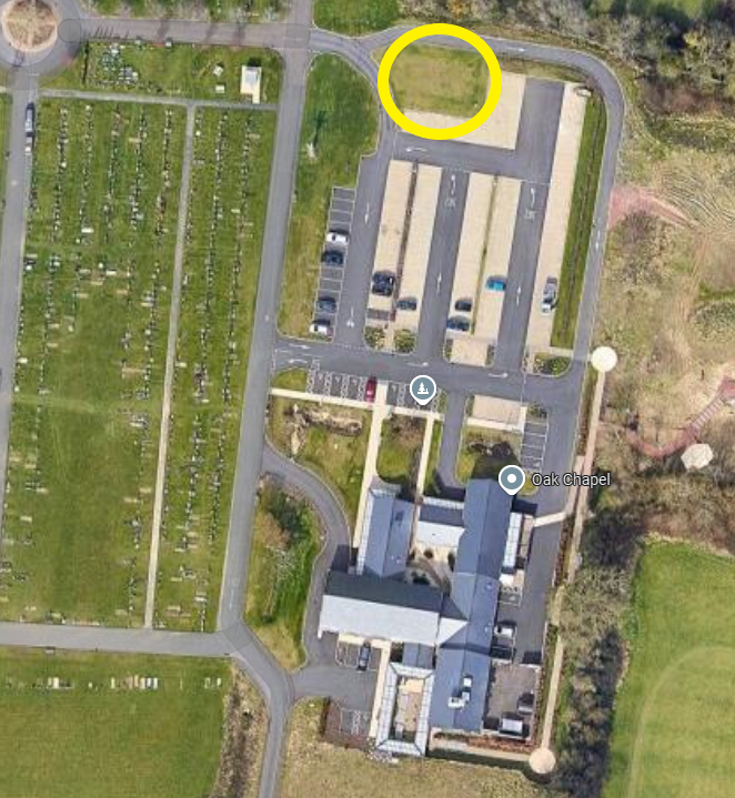 Yellow circled grass area next to the cemetery car park shows tree sponsorship location